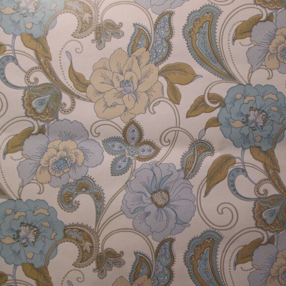 Vintage 1970s Blue and Beige Peony Paisley Motif Wallpaper - Picture 3 of 6